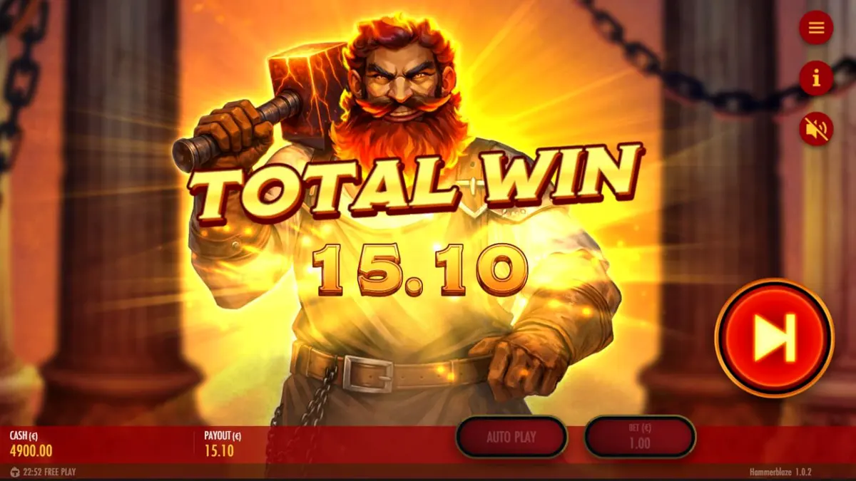 Hammerblaze slot machine interface with volcanic forge theme