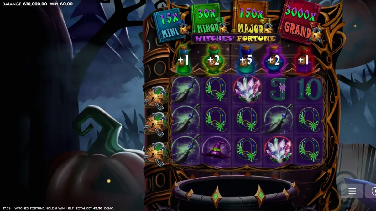 Tampilan visual slot Witches’ Fortune dengan kuali ajaib dan simbol penyihir yang penuh warna